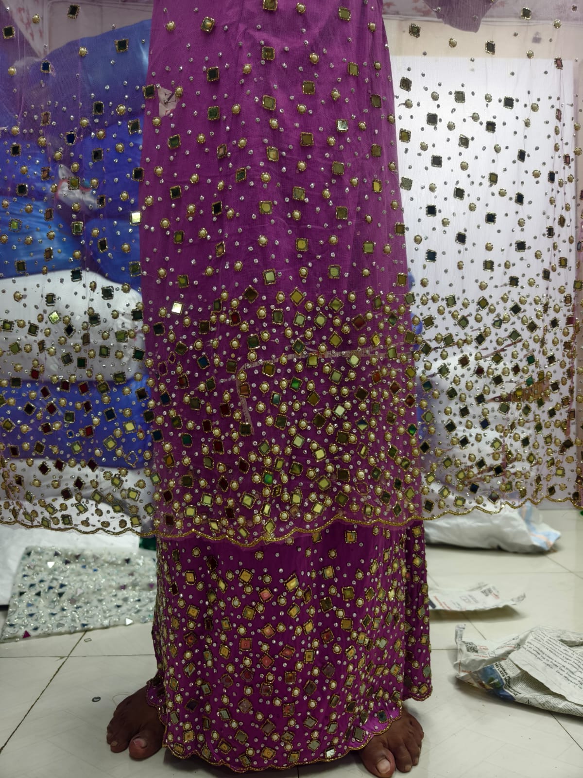 Mirror Work Heavily Beaded George Fabric