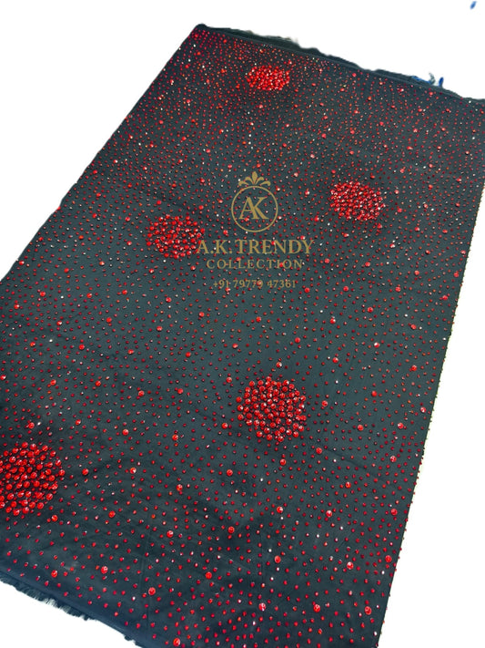 Luxury Lace Fabric With Red Color Stone Work
