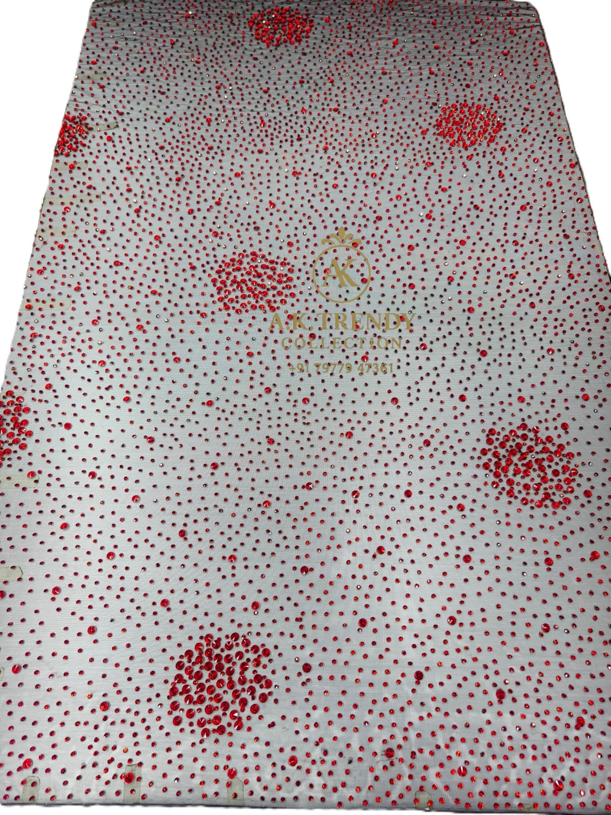Luxury Lace Fabric With Red Color Stone Work