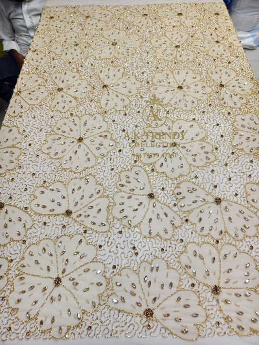 Luxury Lace Fabric With Gold  Color Stone Work