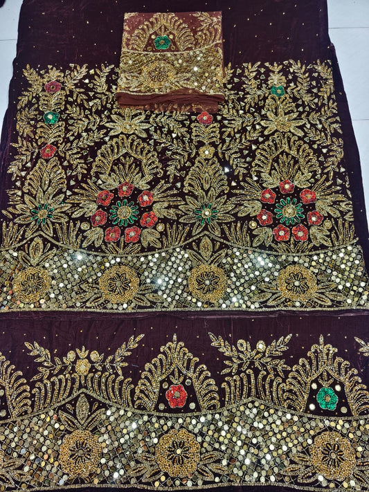Heavily Beaded Designer Velvet George Wrapper With Blouse Set