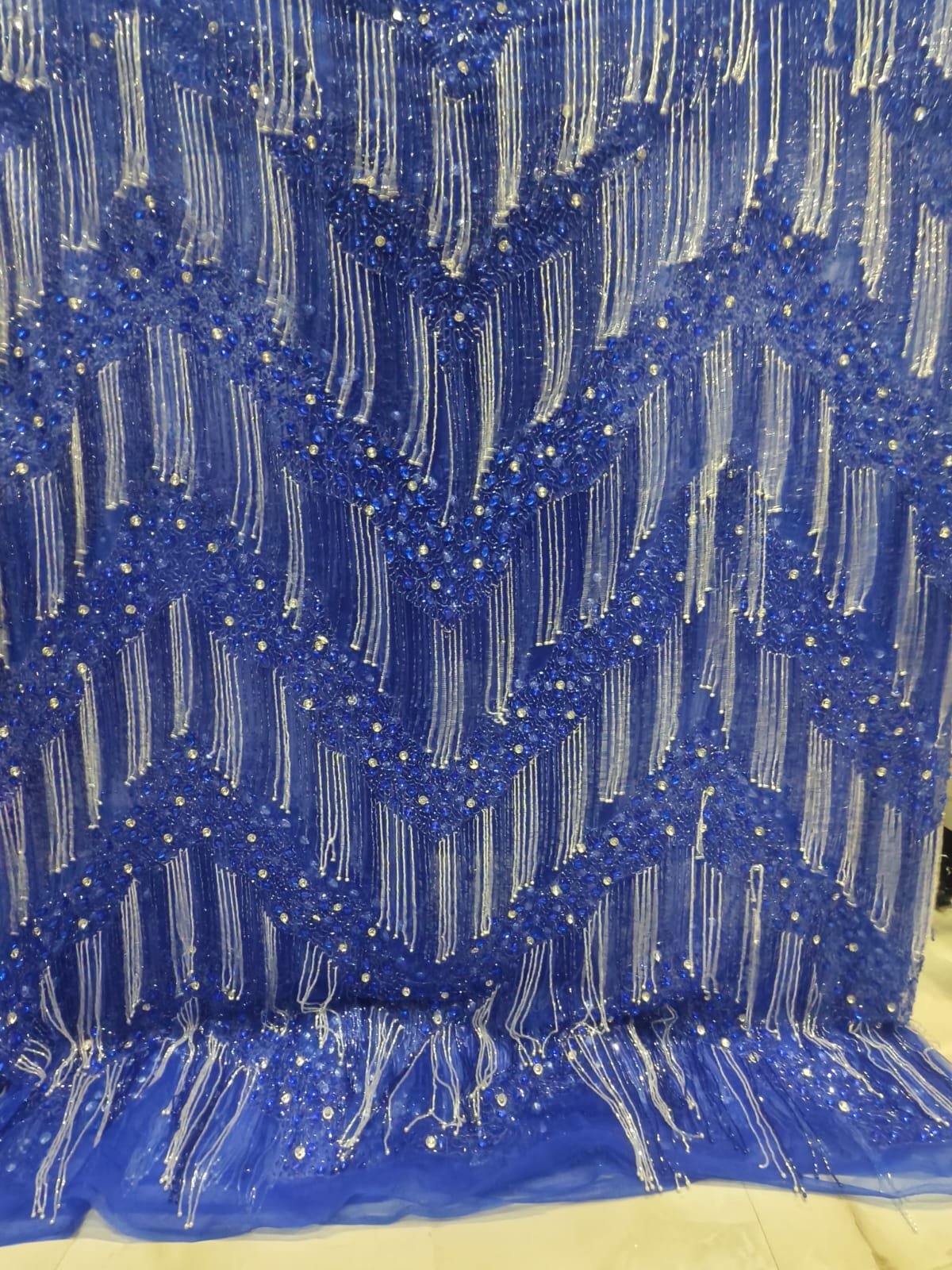 High Quality Designer Rhinestone Lace Fabric With Fringes Work