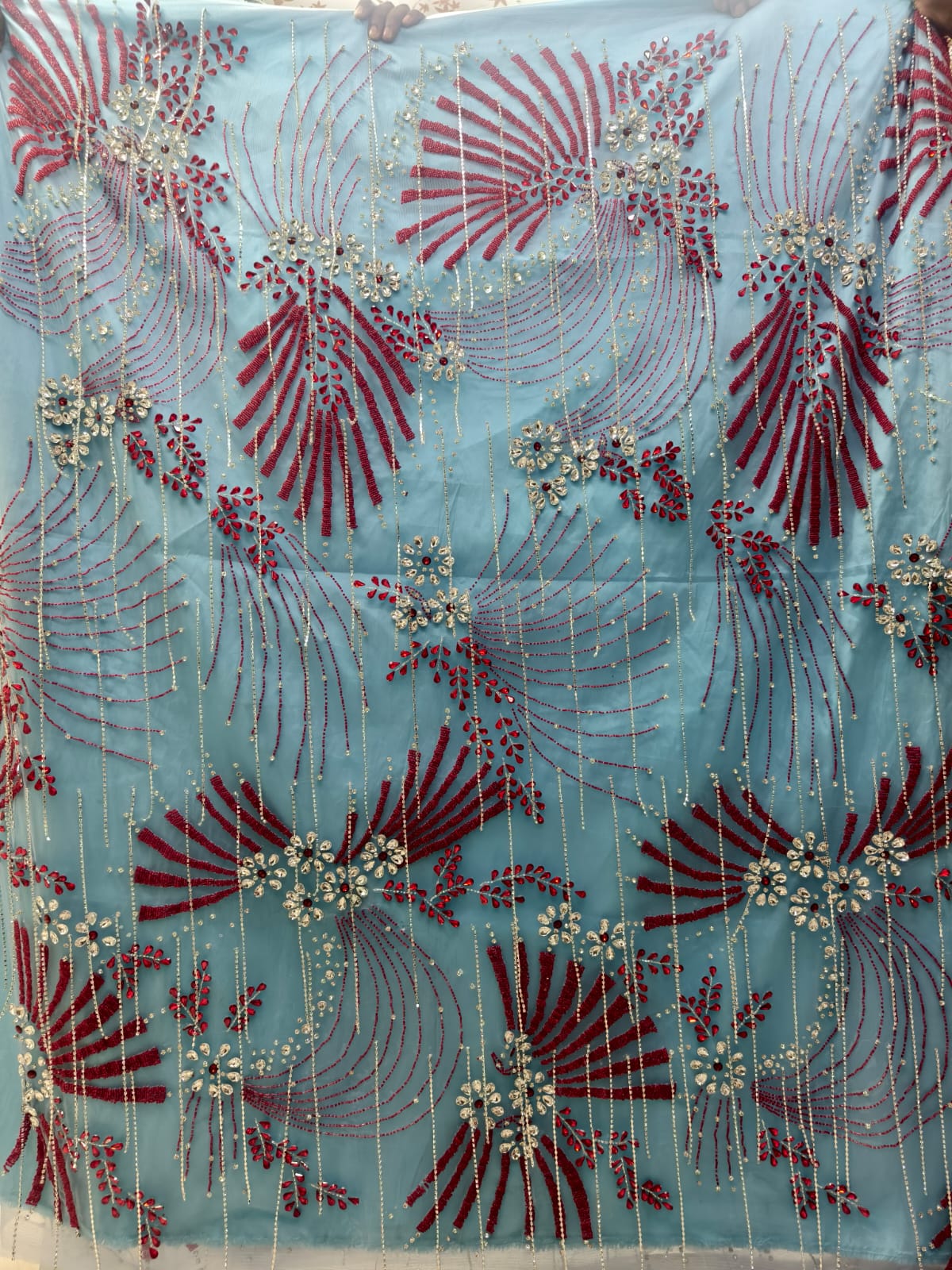 Luxury Designer Lace Fabric With Fringes Drop Down Stone