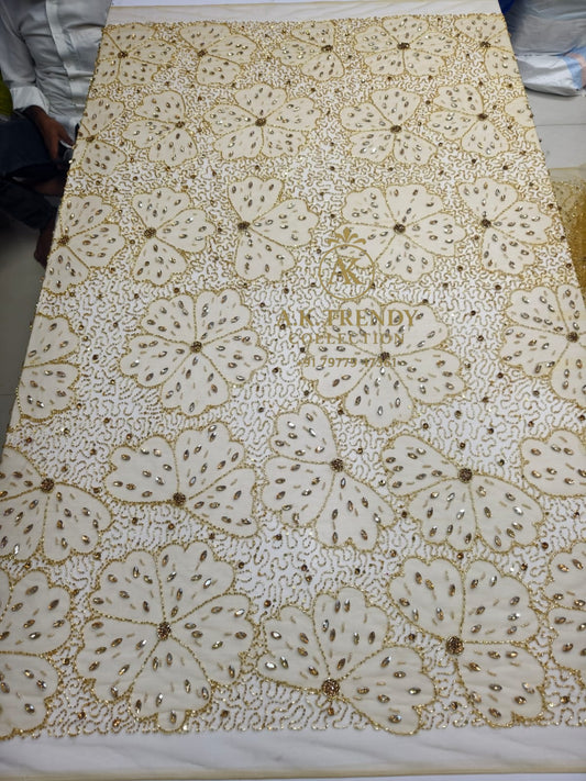 Luxury Lace Fabric With Gold  Color Stone Work