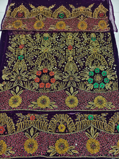 Heavily Beaded Designer Velvet  George Wrapper With Blouse Set