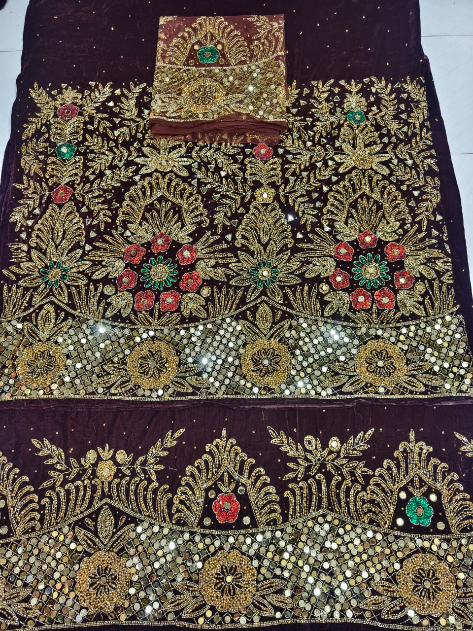 Heavily Beaded Designer Velvet  George Wrapper With Blouse Set
