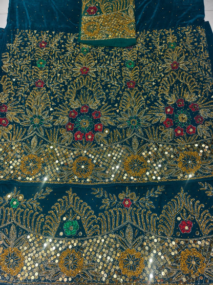 Heavily Beaded Designer Velvet  George Wrapper With Blouse Set