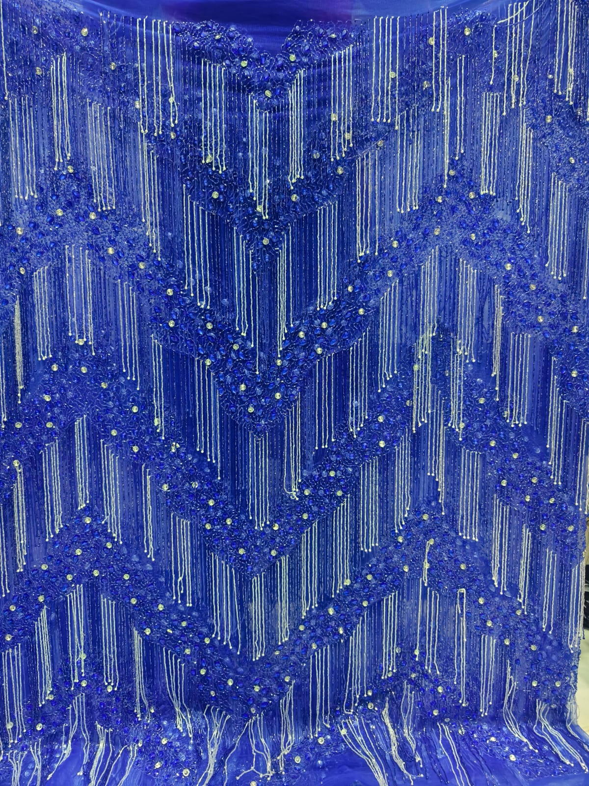 High Quality Designer Rhinestone Lace Fabric With Fringes Work