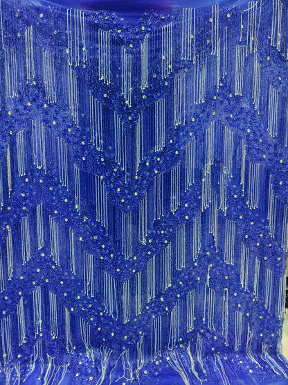 High Quality Designer Rhinestone Lace Fabric With Fringes Work