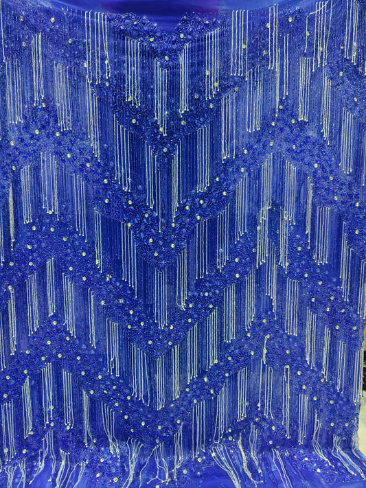 High Quality Designer Rhinestone Lace Fabric With Fringes Work