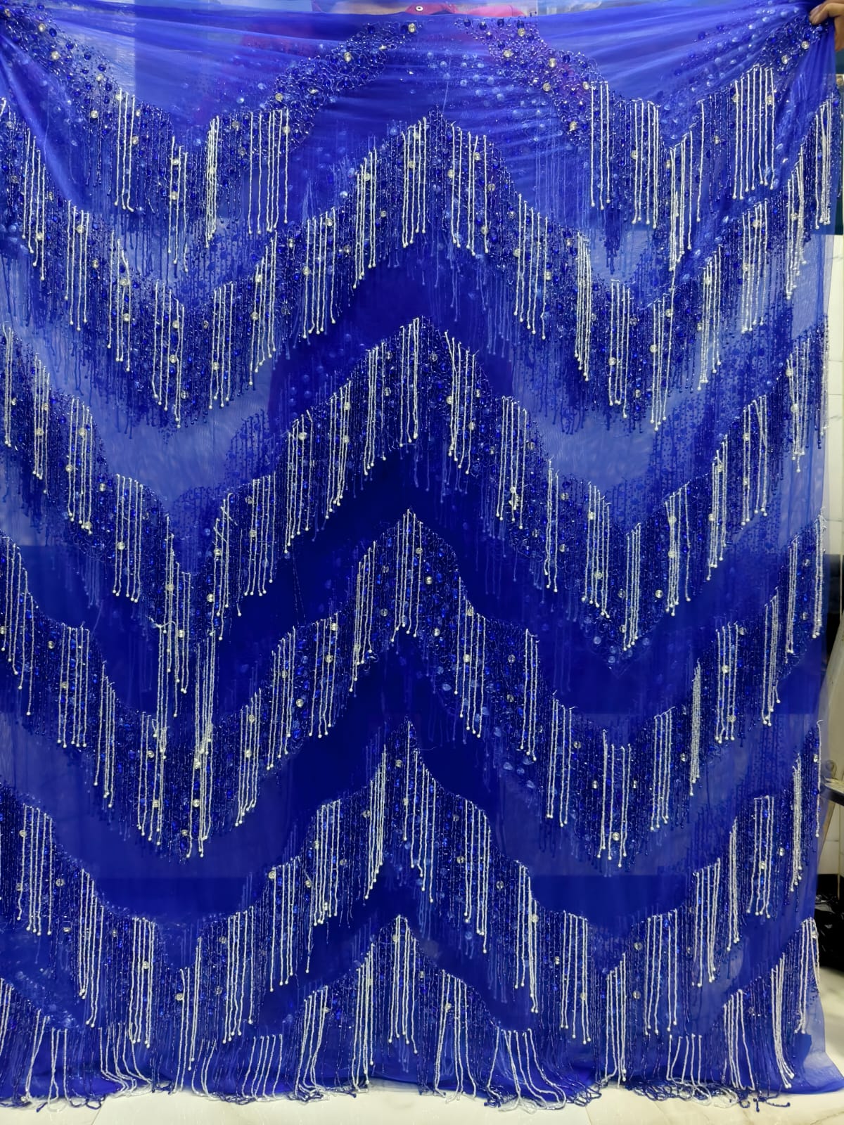 High Quality Designer Rhinestone Lace Fabric With Fringes Work